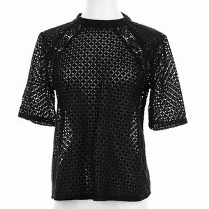 LOFT Black Lace Crew Neck Top Short Sleeve Classic Blouse, Medium, Black